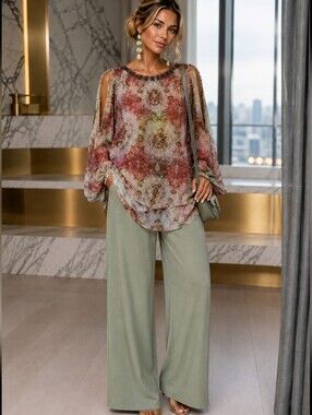 Cristina Boho Luxe Watercolor Cold-Shoulder Blouse | Beaded Detail